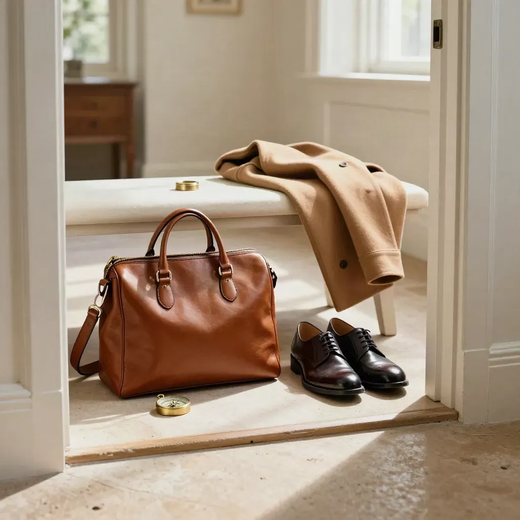 Voorbereide hal met satchel, schoenen, jas en kompas op een lichte bank
