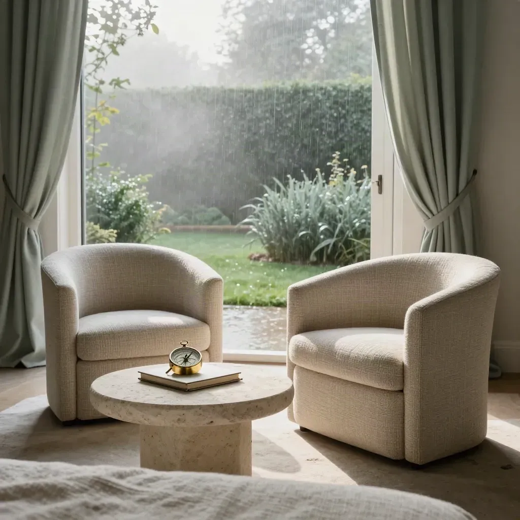 Lege coachingruimte met twee linnen fauteuils, stenen tafel en mistige tuin in ochtendlicht.