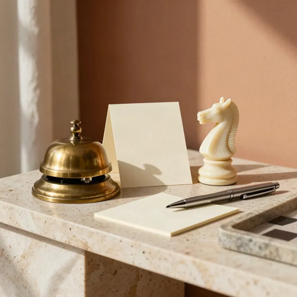 Brass deskbel, schaakpaard en kaartjes op stenen schaal in warm licht.