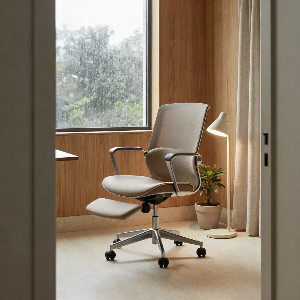 Lege werkhoek met ergonomische stoel, voetensteun, lamp en plant na regen.