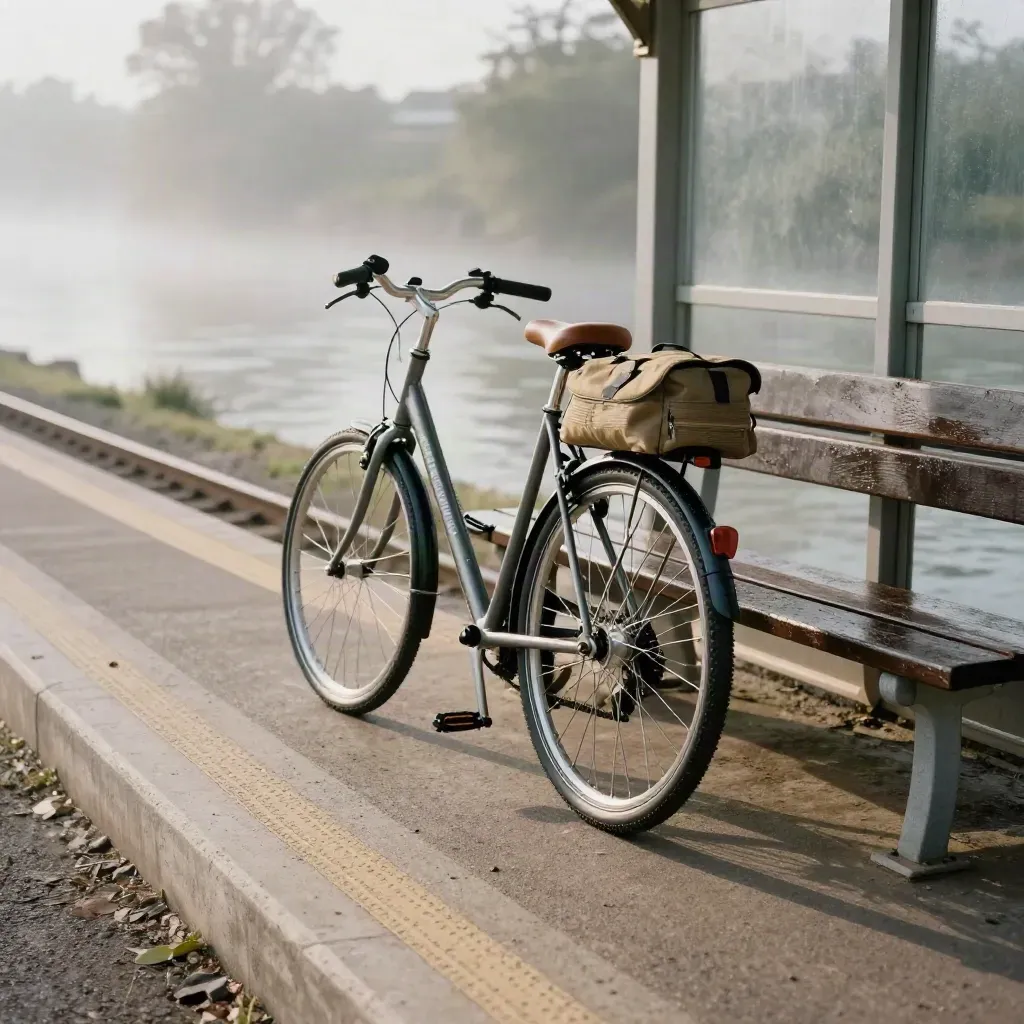 Fiets en werkbagage naast een stationbank in mistig ochtendlicht.