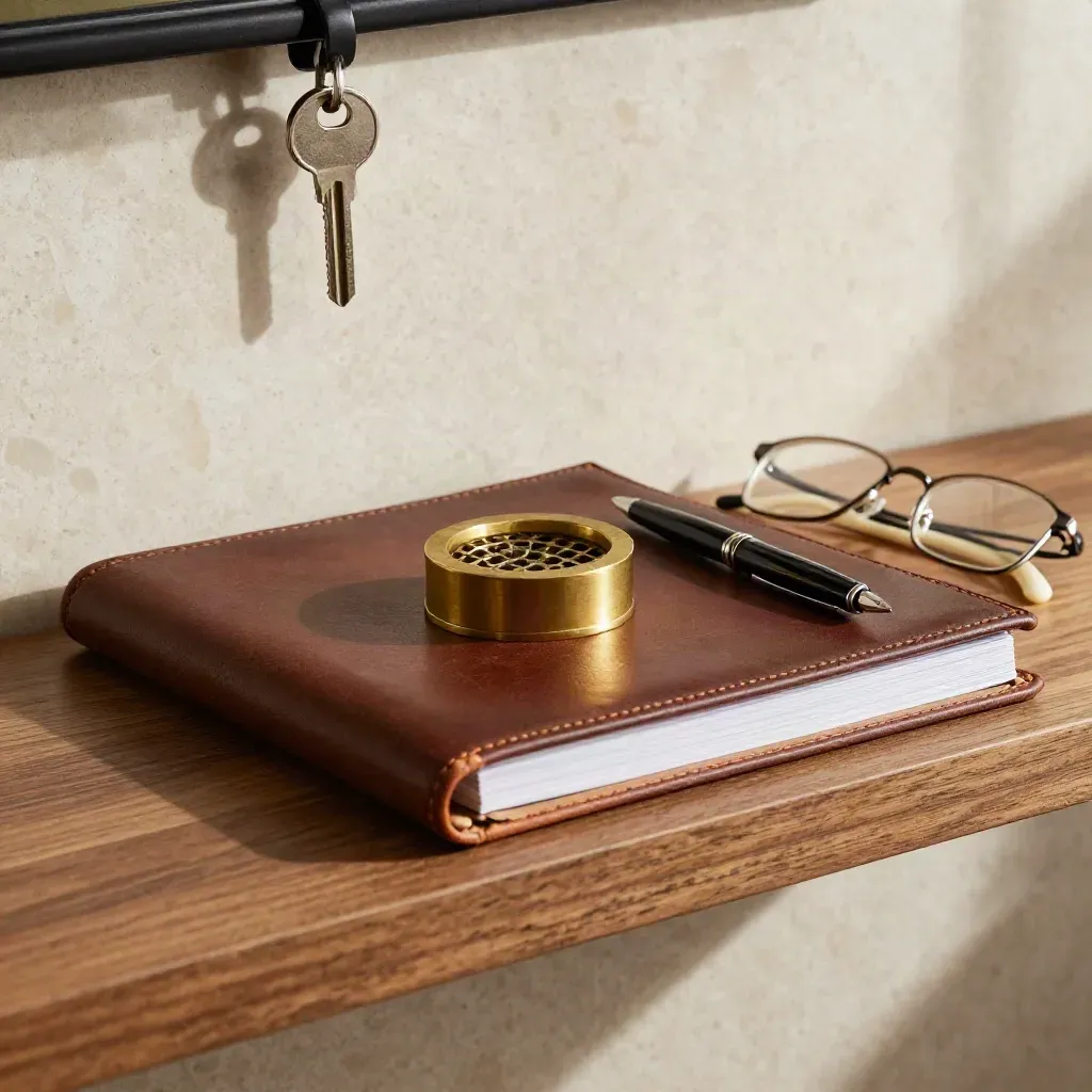 Lederen map, paperweight en bril op walnoten plank in dramatisch licht