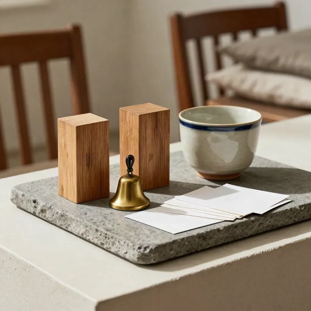 Workshopset met houten blokjes, bel, beker en kaartjes op stenen schaal.