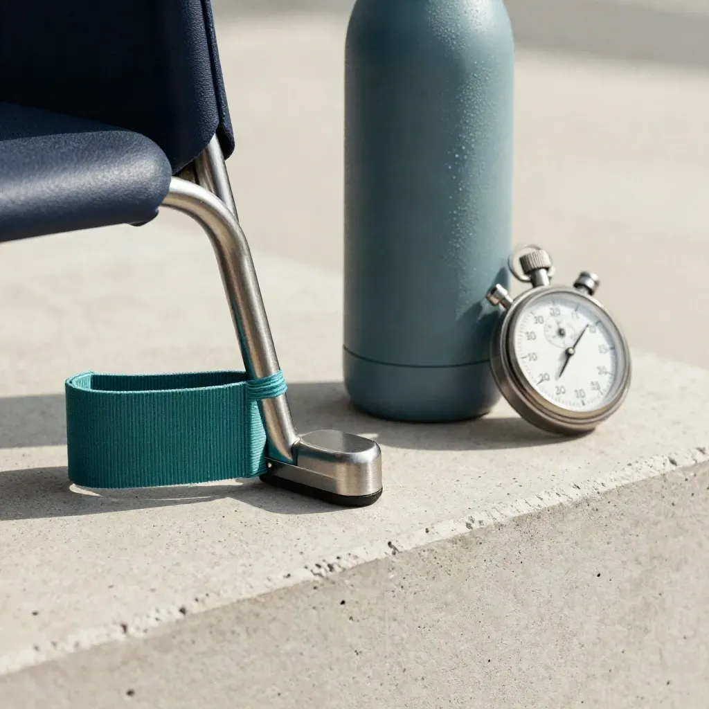 Macro van een stoelhefboom, teal elastiek, thermofles en stopwatch op een betonnen rand.