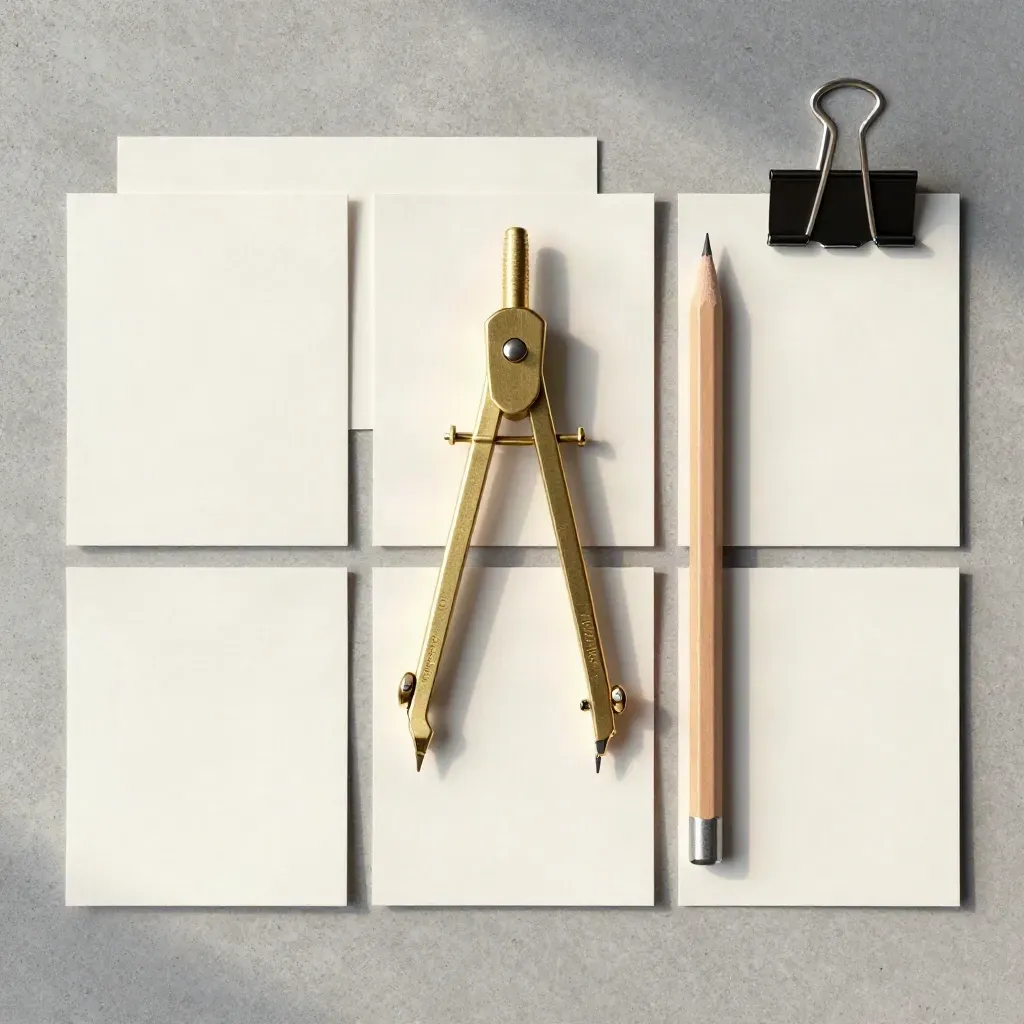 Bovenaanzicht van kaarten, passer, potlood en paperclip op beton voor een helder stappenplan.