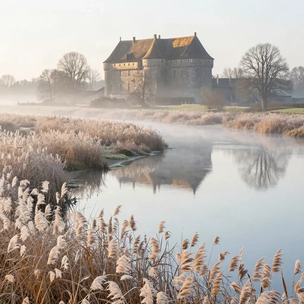Vecht bij zonsopkomst met riet, mist en een kasteeldak hoog in beeld.