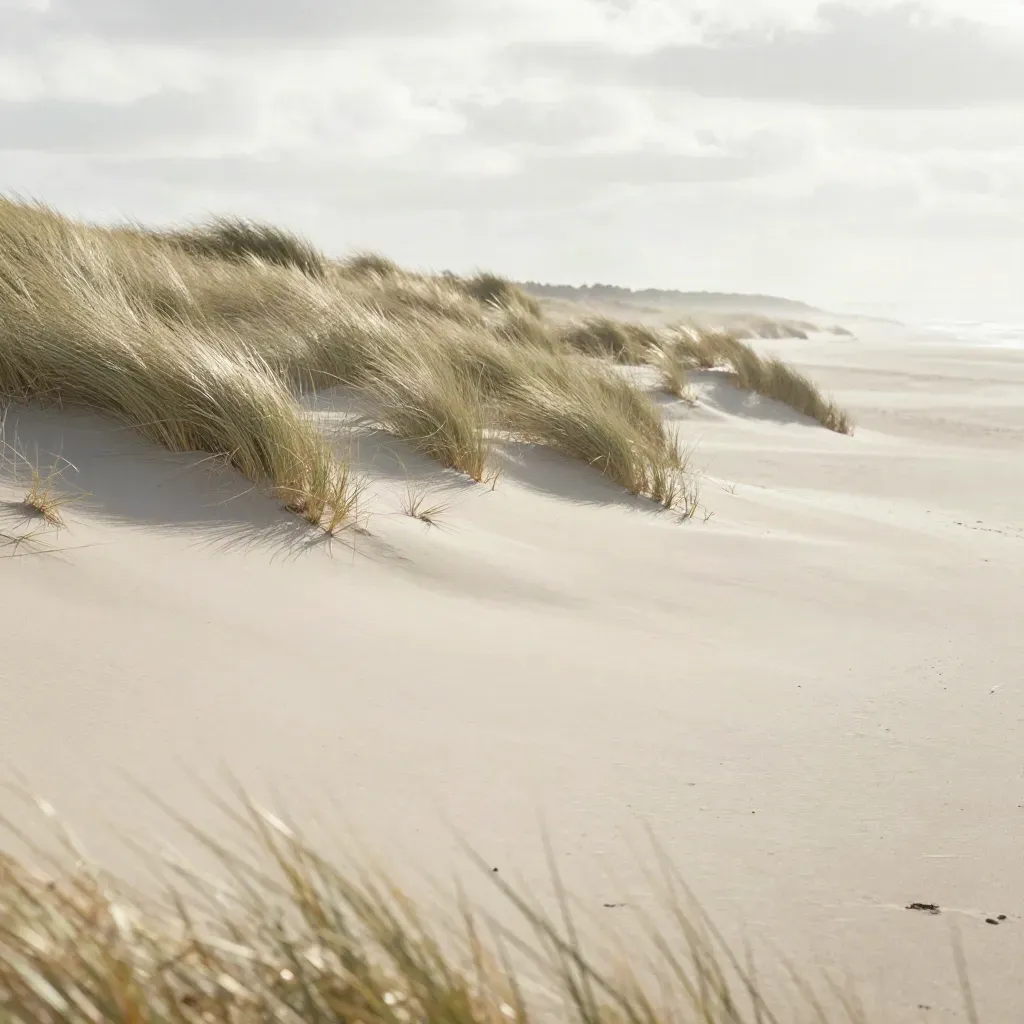 Duinrand bij Haarlem met zand, helmgras en mist boven de kust.