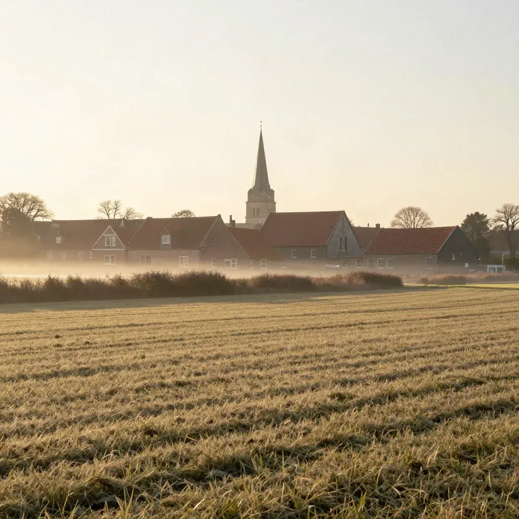 Brabant Noord met boerderij, kerktoren en gouden mist boven een stil veld