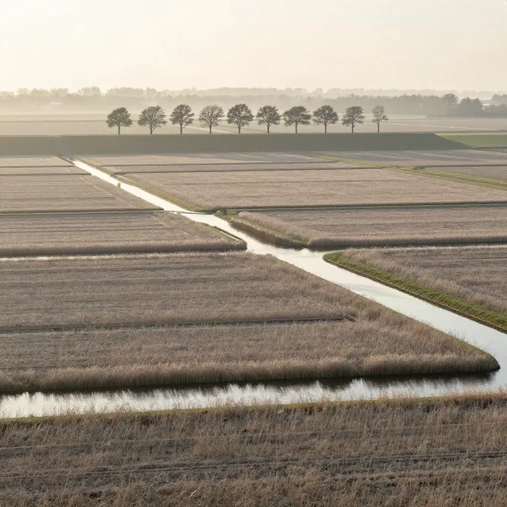 Rustige Nederlandse polder met sloten, wegen en bomen in zachte nevel.